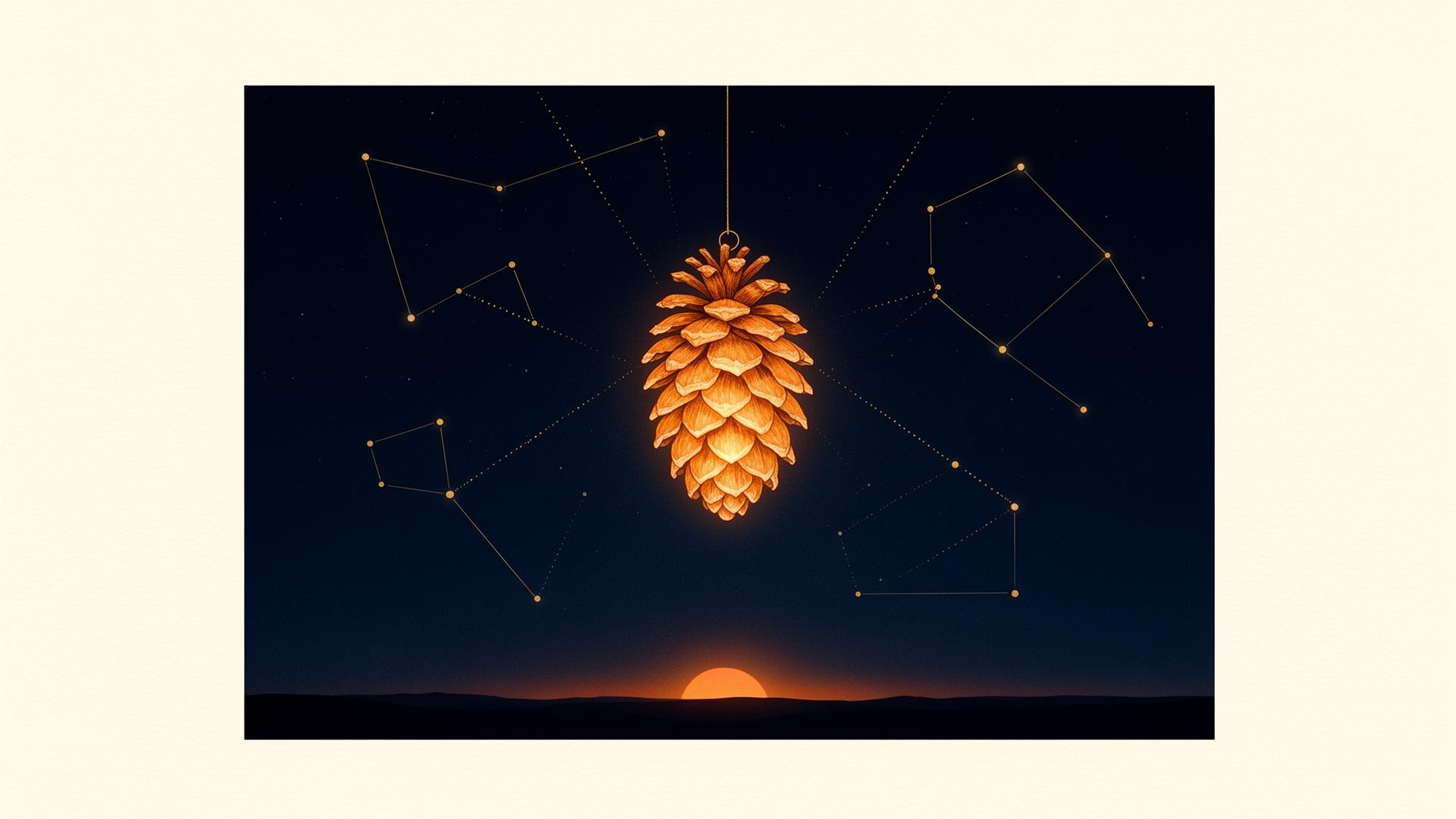A glowing pinecone — symbol of the pineal gland — suspended over a night sky of constellations above a distant sunrise