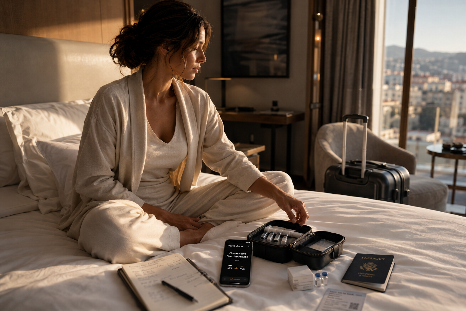 A quiet Monaco hotel room overlooking the port at golden hour